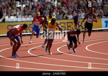 Usain Bolt et Michael Campbell (Jamaique) lors de la 2e chauffe Relais 4x100m hommes à l'IAAF Championnats du monde d'athlétisme le 6 août 201e au stade olympique à Londres, Grande-Bretagne Photo Laurent Lairys / DPPI Banque D'Images