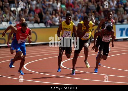Usain Bolt et Michael Campbell (Jamaique) lors de la 2e chauffe Relais 4x100m hommes à l'IAAF Championnats du monde d'athlétisme le 6 août 201e au stade olympique à Londres, Grande-Bretagne Photo Laurent Lairys / DPPI Banque D'Images