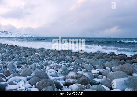 Février sur la plage de pierres rondes. La côte de la mer de Barents. Teriberka, Russie Banque D'Images