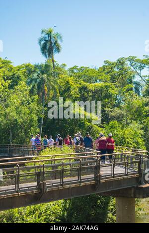 Les touristes la marche sur la passerelle suspendue menant à la Gorge du Diable, la plus grande cascade de l'Iguazu Falls Banque D'Images