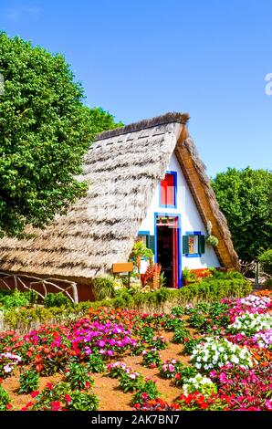 Belle maison traditionnelle dans la région de Santana, Madère, Portugal. Maisons en bois triangulaire, représentent une partie de patrimoine portugais. Jardin de devant avec de belles fleurs colorées. Attraction touristique. Banque D'Images