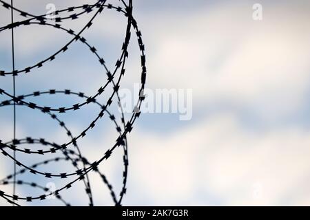 Barbelés sur fond de ciel bleu et nuages blancs. Concept de frontière, prison, la guerre ou l'immigration Banque D'Images