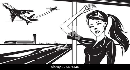 Girl waving to un avion décollant de l'aéroport - vector illustration Illustration de Vecteur