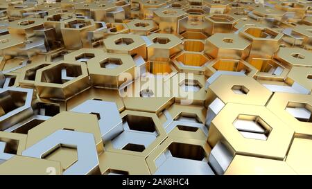 Abstract 3d illustration wall background. L'argent et le blanc brillant d'or structure hexagonale. Banque D'Images
