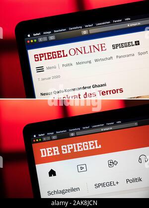 Hambourg, Allemagne. 05Th Jan, 2020. KOMBO - La présence en ligne de l'actualité magazine "Der Spiegel" peut être vu sur un ordinateur portable avant (ci-dessus) et après (ci-dessous) à l'euro. Le magazine "Der Spiegel" seront à l'avenir avoir un site identique. En ligne 'Spiegel' est maintenant appelé 'Der Spiegel' à la suite du renouvellement du site web. Crédit : Daniel Reinhardt/dpa/Alamy Live News Banque D'Images