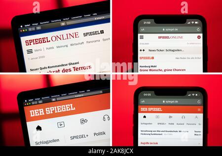 Hambourg, Allemagne. 05Th Jan, 2020. KOMBO - La présence en ligne de la revue 'Der Spiegel' avant (ci-dessus) et après (ci-dessous) le passage sur un ordinateur portable et un smartphone. Après environ 25 ans, le nom et le logo 'Spiegel' en ligne disparaîtra. Le site web est maintenant appelé 'Der Spiegel', tout comme le magazine des nouvelles. Crédit : Daniel Reinhardt/dpa/Alamy Live News Banque D'Images