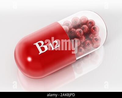 La vitamine B12 comprimé avec les petites sphères isolé sur fond blanc. 3D illustration. Banque D'Images