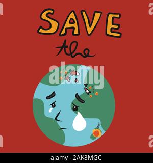 Sauver la Terre, la terre pleurer triste de la guerre et le feu cartoon vector illustration Illustration de Vecteur