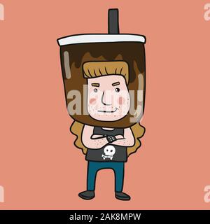 Homme avec grande tasse de chocolat glace sur la tête cartoon vector illustration Illustration de Vecteur