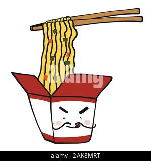 Dans la boîte de papier de nouilles chinoises et chopstick cartoon vector illustration style doodle Illustration de Vecteur