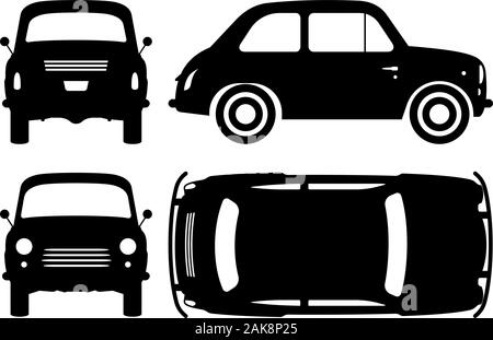 Vintage Car silhouette sur fond blanc. Icônes de véhicule set voir d'un côté, avant, arrière, et top Illustration de Vecteur