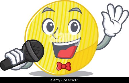 Heureux les chips de pomme de terre en chantant dans un micro Illustration de Vecteur