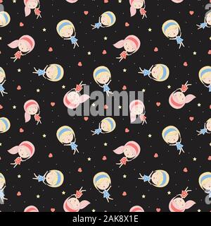 Cute Girl seamless pattern dans la toile noire. Motif de la création de la texture pour tissu, rétractable, textile, papier peint, vêtements. Illustration de Vecteur