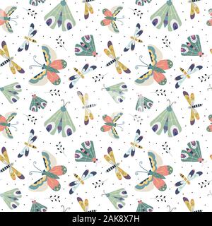 Modèle sans couture avec papillon, papillon et libellule dans le fond blanc. motif texture pour tissu, papier peint,emballage, vêtements Illustration de Vecteur