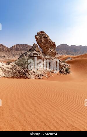 Plan vertical d'une formation rocheuse dans le désert ressemblant à un Sphinx à Sharjah, Émirats arabes Unis. Capturer la beauté de la péninsule arabique Banque D'Images