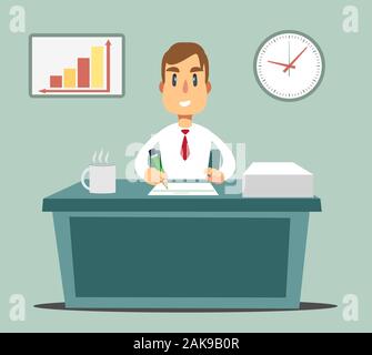 Portrait d'un plan d'affaires, de fiscalité, de rapport financier. Un homme est assis, une table avec une feuille de papier. Illustration de Vecteur