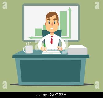 Portrait d'un plan d'affaires, de fiscalité, de rapport financier. Un homme est assis, une table avec une feuille de papier. Illustration de Vecteur