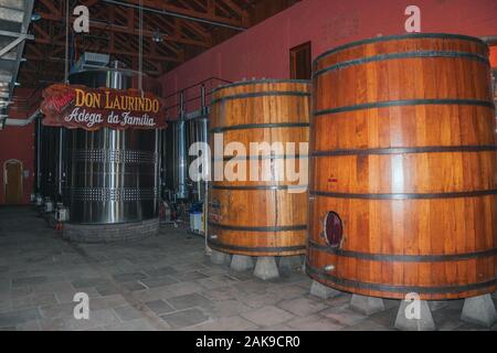 Réservoirs en acier inoxydable et en bois pour le vin au Don Laurindo Winery usine près de Bento Gonçalves. Un pays producteur de vin dans la ville du sud du Brésil. Banque D'Images