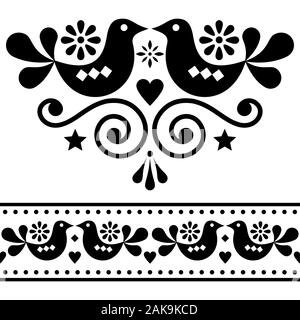 Folk scandinave éléments vecteur conception, cute floral design avec des oiseaux en noir sur fond blanc Illustration de Vecteur