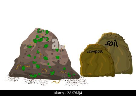 Tas de terre, des vers, leafs et sac pour le sol, l'engrais, compost, fumier isolé sur fond blanc. Pile le sol. Zéro déchets. Cartoon vector Illustration de Vecteur