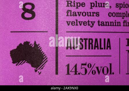 14,5 %vol, 14,5  % vol - informations sur la bouteille de 75cl de vin rouge sur la bouteille du dernier Lot 2018 Syrah - d'alcool par volume, teneur en alcool, la force Banque D'Images