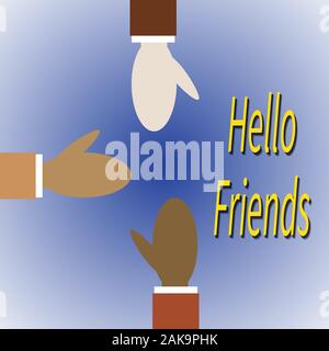 Trois personnes de races différentes saluent. Les amis Aller au message d'accueil. Cartoon illustrations à propos de l'unité, l'amitié, de la coopération, de l'équipe spi Illustration de Vecteur