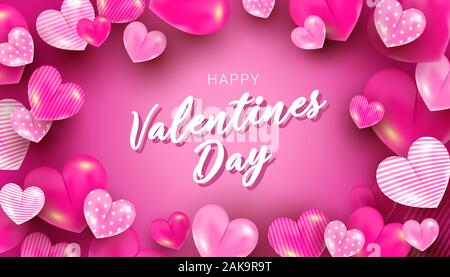 Carte de voeux saint valentin rose avec ballon coeur 3d éléments de l'air sur un backgroun rose. Vector illustration pour site web, coupons promotionnels, mat Illustration de Vecteur