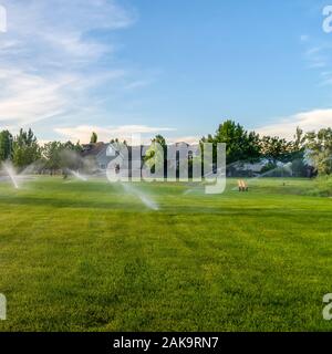 Arrosage par aspersion Square Park le vert éclatant de l'herbe sur une journée ensoleillée Banque D'Images