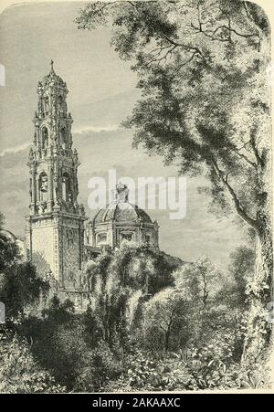 Les anciennes villes du Nouveau Monde : Voyages et explorations au Mexique et en Amérique centrale à partir de 1857-1882 . Comme le maguey est sur le point de fleurir, le tir d'une stalkcrowned avec ses fleurs umbelliferous, le cône formant lecentre de la plante est retiré, laissant un trou, qui soonfills avec la sève des feuilles autour d'elle. Puis un homme avec une bouteille et un grand plis de peau tous les jours de plante à plante, takingup le liquide avec de la bouteille et de le verser dans la peau,qui, lorsqu'il est plein, il se vide dans un récipient ouvert, faites ofa bulls cacher étendu sur quatre pôles. Quand le jus Issuff Banque D'Images