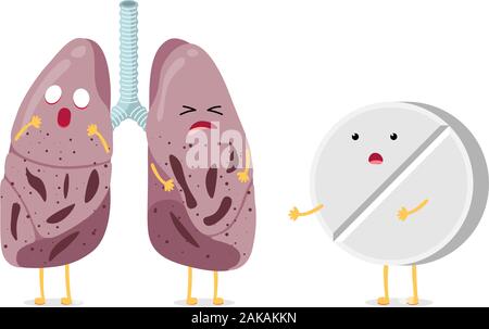 Maladie malsaine bande dessinée poumons caractère tuberculose virus maladie avec antibiotique médicament pharmacie comprimé. Système respiratoire humain organe interne bacille de la pneumonie a frappé l'illusrtation du vecteur Illustration de Vecteur