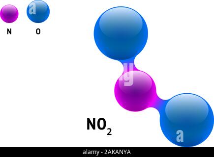 Modèle de chimie molécule dioxyde d'azote NO2 formule d'élément scientifique. Particules intégrées structure moléculaire 3d inorganique naturelle composée. Deux atomes d'oxygène et d'azote de volume et des sphères vectorielles Illustration de Vecteur