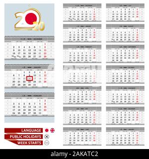 Calendrier Mural japonais pour l'année 2020 Modèle de planification. Le japonais et l'anglais. De début de la semaine à partir de lundi. Prêt pour l'impression. Vector Illustration. Illustration de Vecteur