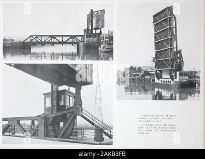 Le Strauss Bascule Bridge Company, Inc., ingénieurs et concepteurs de tourillon, bascule et ponts ascenseur direct. . L'appui à steelcolumns structurels en ligne avec les principaux distributeurs, et allié-pivot qui y sont branchés par tourillon, termedcounterweight les tourillons, fixé à la construction,et journal-paliers fixés à la colonne bases.Le contrepoids est maintenu en position droite positionby l'aide d'un membre rigide appelé la contre- sur lequel le span basculant, feuille de l'encre, une extrémité tourne être pivoté à l'topcounterweight et l'autre à un fixedr potence frame, construit à partir de l'outsidei posts. La cen Banque D'Images