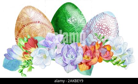 Pâques oeufs colorés à l'aquarelle avec de freesia et de l'herbe. Banque D'Images