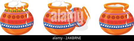 Ensemble de Pongal traditionnelles décorées de fleurs pot boue isolated on white Illustration de Vecteur