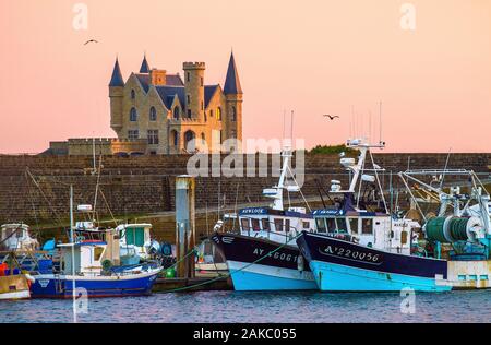 France, Morbihan, côte sauvage, la presqu'île de Quiberon, bateaux de pêche de Port Maria dans l'alignement du château Turpault Banque D'Images