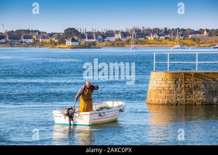 France, Morbihan, Plouhinec, ria d'Etel, pêcheur sur le Port du Vieux Passage Banque D'Images