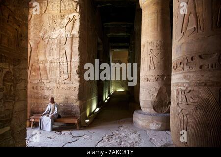 L'Égypte, de la Haute Égypte, vallée du Nil, Dendérah, temple guard assis dans la salle hypostyle du temple d'Hathor Banque D'Images