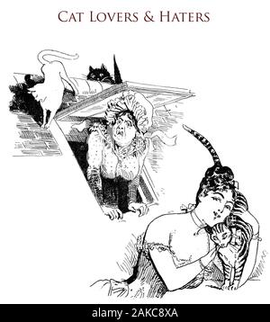 L'humour et la caricature française, les amoureux des chats et haters : aged woman shouting at les chats sur le toit et d'une jeune femme dans le décolleté de câliner son animal de tabby Banque D'Images