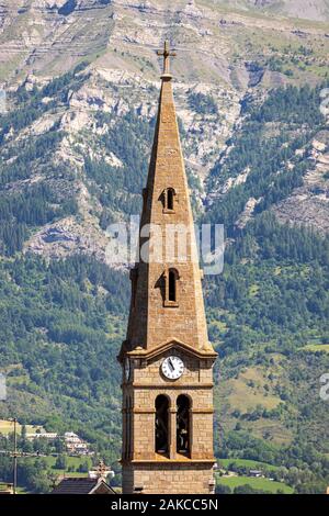 France, Hautes Alpes, Parc National des Ecrins, vallée du Champsaur, Saint Léger les Mélèzes, clocher de l'église Banque D'Images