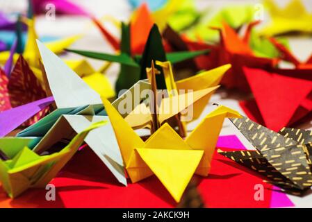 Multi-couleur sous la forme d'origami cranes sur la table. Symbole d'Origami.Color grues de papier de l'origami de papier. Banque D'Images