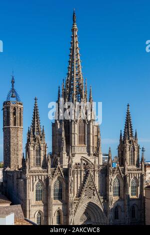 13 C Cathédrale de Barcelone de la Sainte-Croix et Saint Eulalia. Situé dans le quartier gothique de la ville et construit dans le style gothique de Revival. Banque D'Images