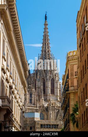 La vue le long de Carrer del Dr. Joaquim Pou de la cathédrale de Barcelone, Sainte-Croix et Saint Eulalia. 13 C Église De Revival Gothique. Banque D'Images