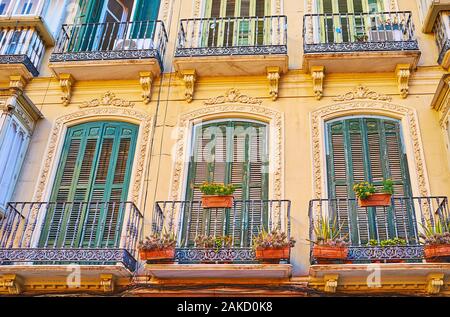 Les petits balcons vintage de l'ancien édifice avec des fleurs en pots, volets en bois sur les portes et cadres sculptés, Malaga, Espagne Banque D'Images