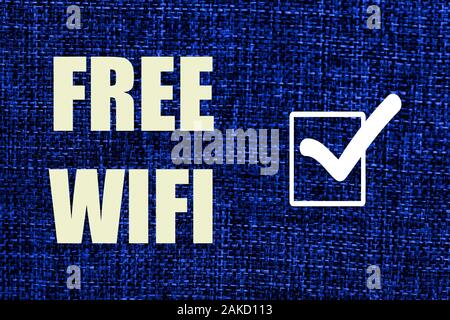 Couleurs Textile fond bleu classique et les mots d''une connexion Wi-Fi gratuite et symbole est cochée en rectangle. Vue de face. Banque D'Images