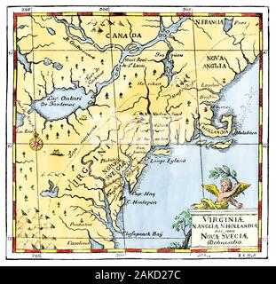 Plan de les colonies de l'Atlantique, 1600. À la main, gravure sur bois d'illustration par nouvelle Suède colonist John Campanius Banque D'Images