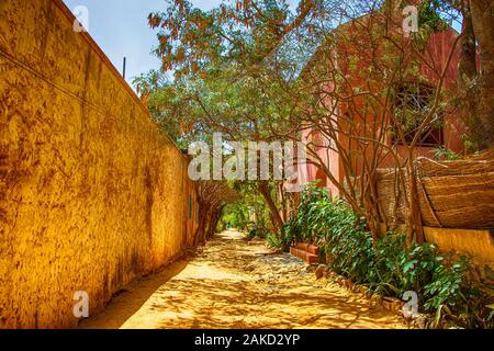 Rue sur l'île de Gorée, au Sénégal, en Afrique. Ils sont envahis par les maisons en pierre de couleur verte avec de nombreuses fleurs. C'est l'un des premiers Banque D'Images