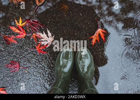 Les pieds dans des bottes en caoutchouc vert olive debout dans une flaque d'eau avec les feuilles tombées. Banque D'Images