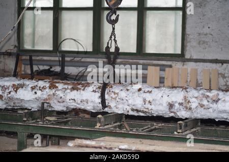 Scierie. Processus d'usinage sciage dans l'équipement de scierie scies scie machine le tronc de l'arbre . La sciure de bois de sciage du bois Travail du Bois Bois Bois Bois. Banque D'Images