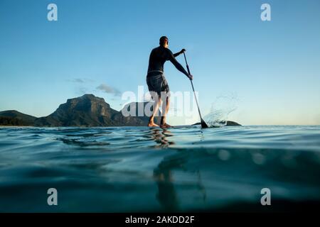 Homme debout paddle-board sur L'eau De mer Calme Lord Howe Island Banque D'Images